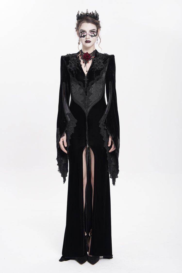 Black V Collar Long Trumpet Sleeves Floral Embroidered Velvet Women's Gothic Dress - Product - 2