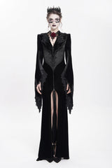 Black V Collar Long Trumpet Sleeves Floral Embroidered Velvet Women's Gothic Dress - Product - 2