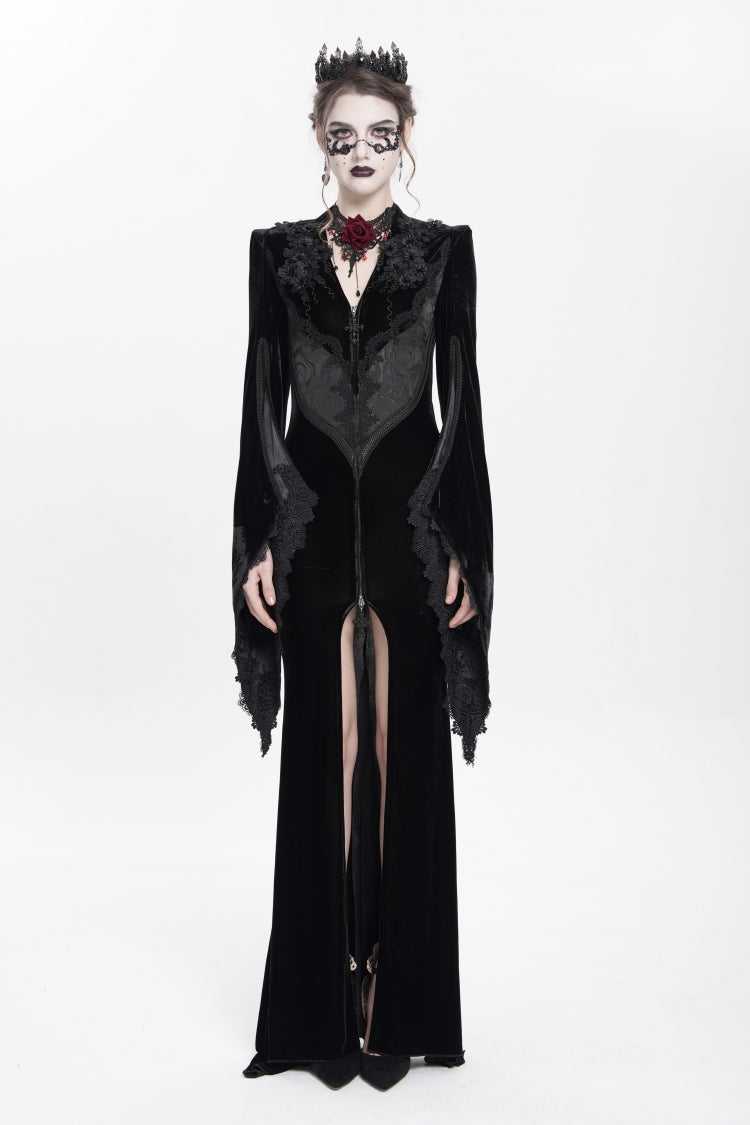 Black V Collar Long Trumpet Sleeves Floral Embroidered Velvet Women's Gothic Dress - Product - 2