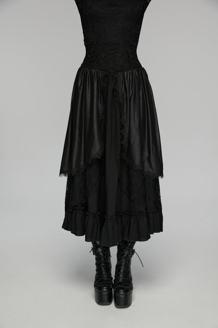 Black High Waisted Multi-Layered Floral Embroidered Lace Pleated Women's Gothic Elegant Cosplay Skirt - Product - 5