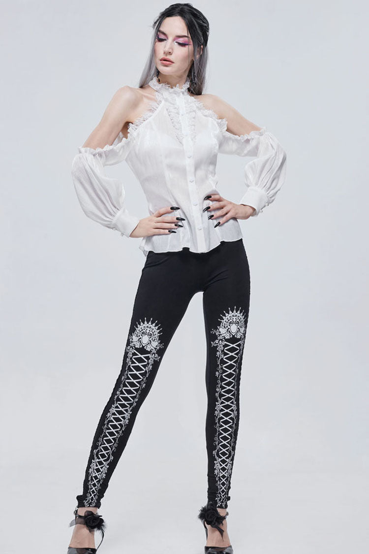 White Gothic Off-The-Shoulder Halter Lace Ruffled Lantern Sleeves Women's Shirt - Product - 9