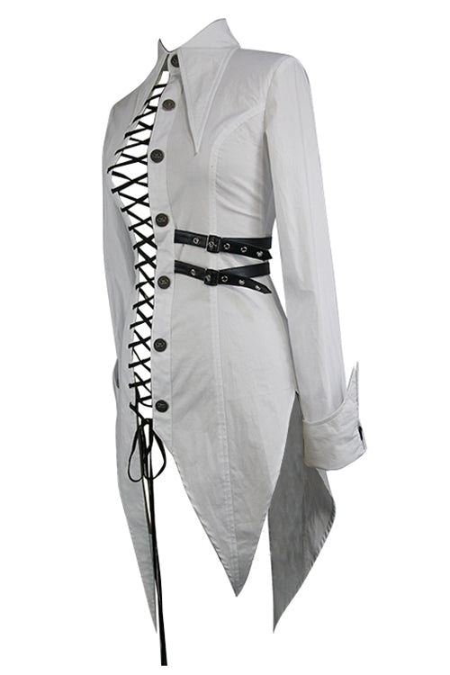 White Cotton Long Swallowtail Womens Punk Blouse - Product - 6