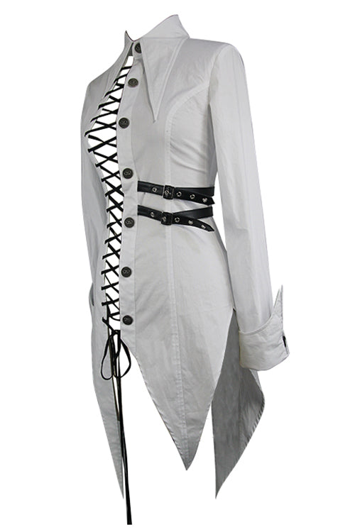 White Cotton Long Swallowtail Womens Punk Blouse - Product - 6