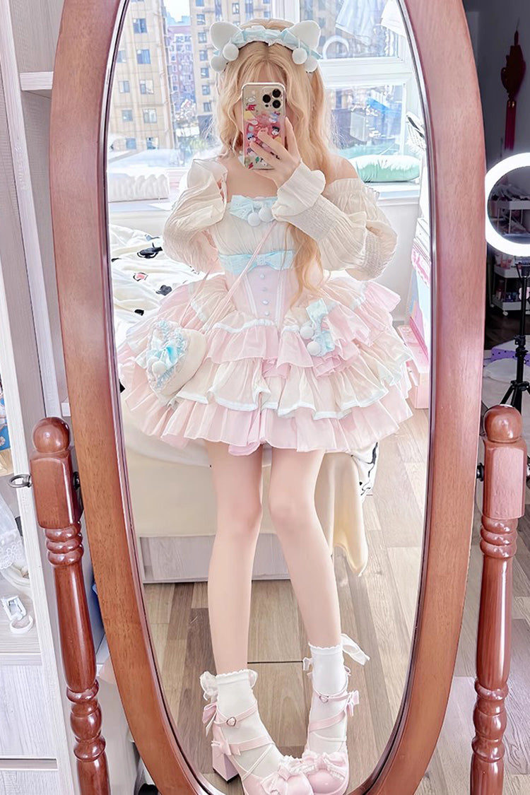 Pink Multi-layer Ruffle Bowknot Sweet Princess Lolita Tiered Dress - Product - 3