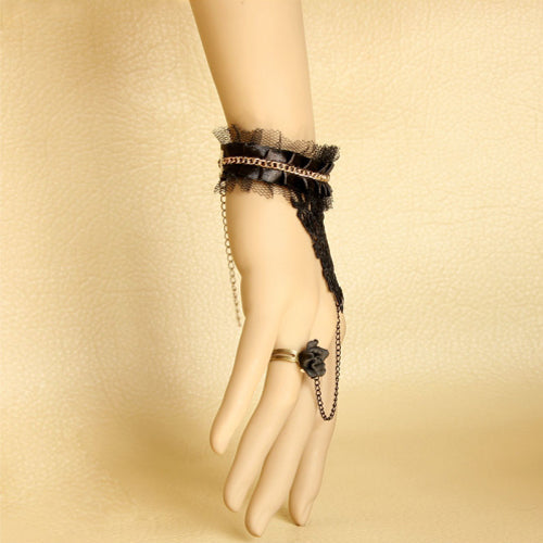Black Retro Fashion Elegant Lace Rose Flower Female Gothic Ring Bracelet - Product - 2