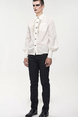 White Gothic Metal Pattern Buckle Long Sleeve Pleated Lace Lantern Shape Printing Pattern Men's Shirt - Product - 6