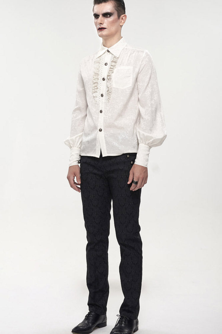 White Gothic Metal Pattern Buckle Long Sleeve Pleated Lace Lantern Shape Printing Pattern Men's Shirt - Product - 6