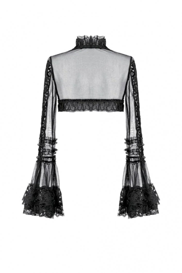 Black Lace Ruffled High Collar Long Flare Sleeves Sheer Mesh Women's Gothic Cape - Product - 15