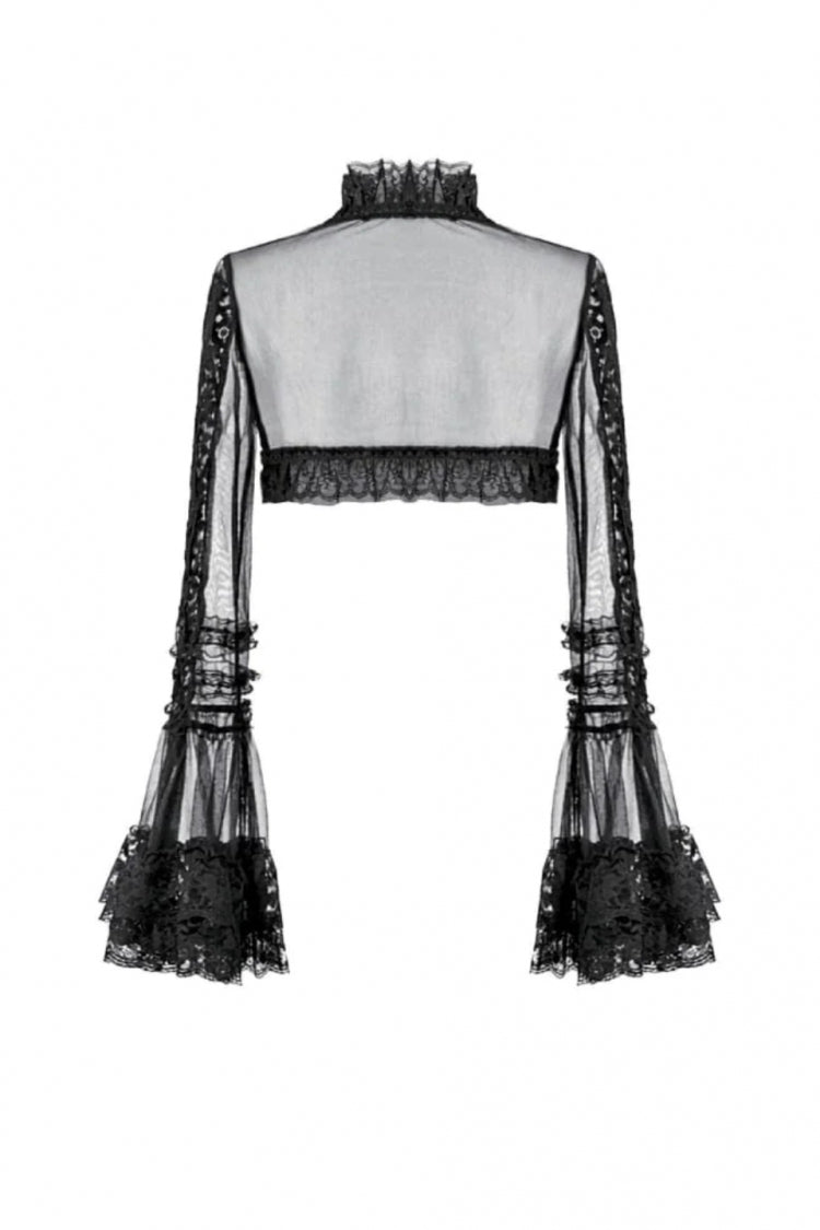 Black Lace Ruffled High Collar Long Flare Sleeves Sheer Mesh Women's Gothic Cape - Product - 15