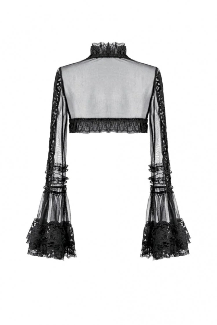 Black Lace Ruffled High Collar Long Flare Sleeves Sheer Mesh Women's Gothic Cape - Product - 15