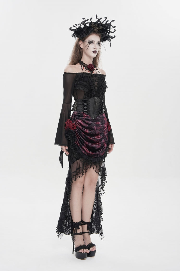 Black/Red Embroidered Rose Lace-up Irregular Women's Gothic Hem Skirt - Product - 7