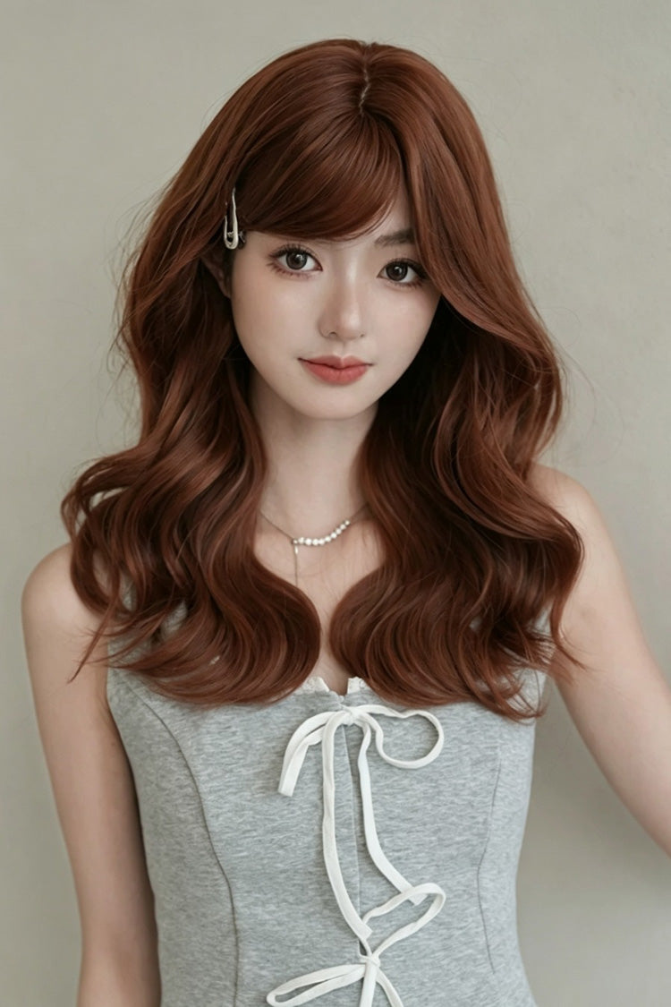 Sunset Orange Brown Natural Fluffy Medium Length Curly Sweet Lolita Wig with Side Bangs - Sunset-Orange-Brown - 1