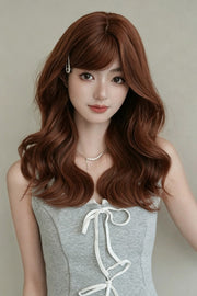 Sunset Orange Brown Natural Fluffy Medium Length Curly Sweet Lolita Wig with Side Bangs front view