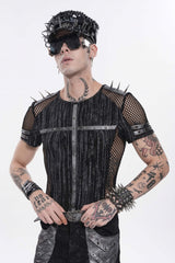 Black Round Collar Long Sleeves Spliced Slim Mesh Studded Eyelet Men's Punk T-Shirt - Product - 11