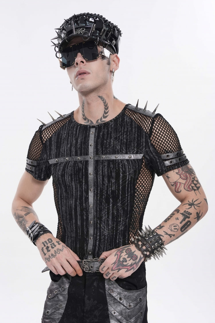 Black Round Collar Long Sleeves Spliced Slim Mesh Studded Eyelet Men's Punk T-Shirt - Product - 11