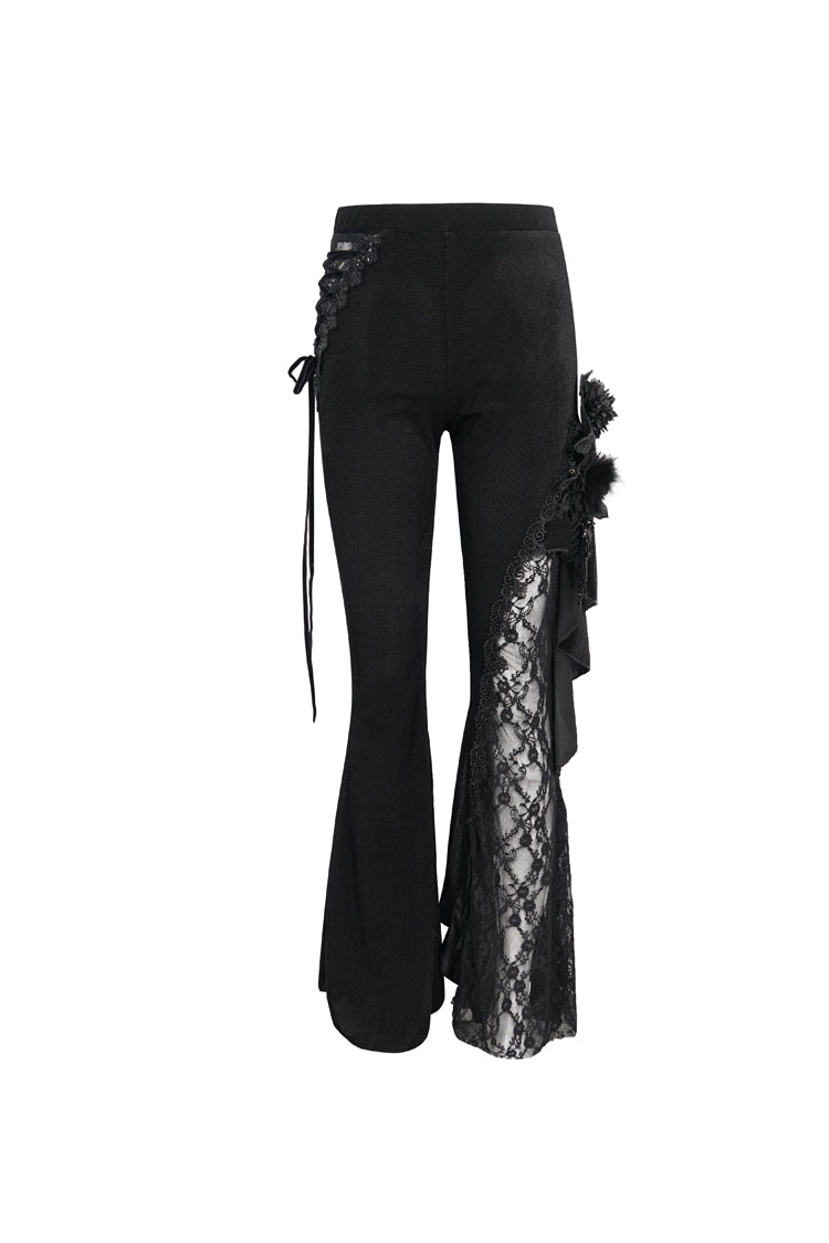 Black Velvet Single Side Stitching Rose Net Side Rope Decoration Asymmetric Pattern Flare Women's Gothic Pants - Product - 8