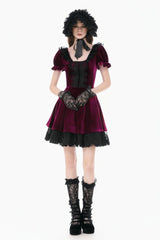 Wine Red Square Collar Short Puff Sleeves Velvet Patchwork Lace Lace-Up Women's Gothic Dress - Product - 9
