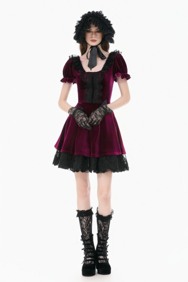 Wine Red Square Collar Short Puff Sleeves Velvet Patchwork Lace Lace-Up Women's Gothic Dress - Product - 9