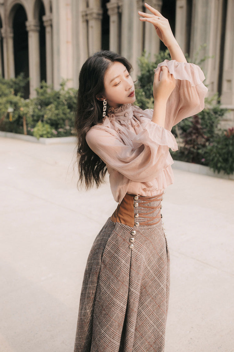 Pink/Brown Stand Collar Long Lantern Sleeves Ruffled Lace-Up Classic Vintage Lolita Skirt Set - Product - 4