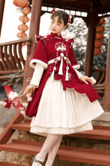 Red Round Collar Long Sleeves High Waisted Rabbits Embroidery Sweet Hanfu Dress Full Set - Product - 3