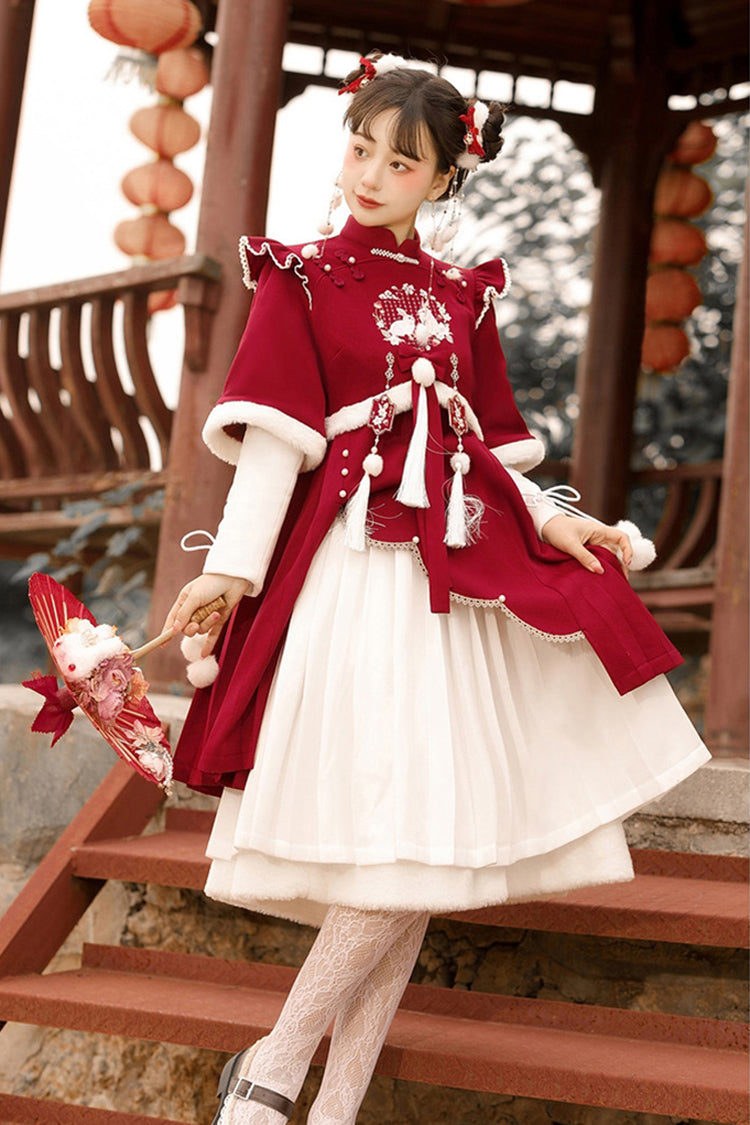 Red Round Collar Long Sleeves High Waisted Rabbits Embroidery Sweet Hanfu Dress Full Set - Product - 3