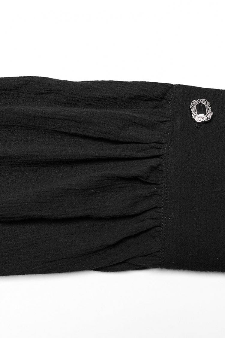 Black Hand-Stitched Button Pleated Long Puff Sleeves Ruffle Mens Gothic Blouse - Product - 9