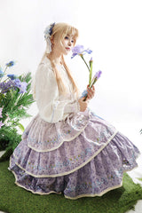 Purple [Moonlight Iris] Triple-Layered Print Ruffle Embroidery Lace Sweet Lolita Skirt - Product - 8