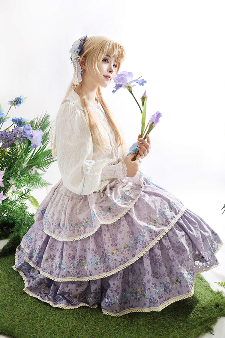 Purple [Moonlight Iris] Triple-Layered Print Ruffle Embroidery Lace Sweet Lolita Skirt - Product - 8