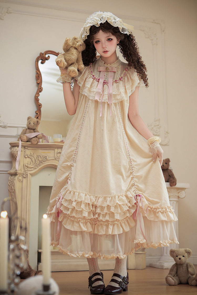 Apricot [Lily's Dream] Stand Collar Short Sleeves Loose-Fit Doll-Like Multi-Layered Ruffled Bow Lace Sweet Lolita Dress 2 Versions - Product - 23