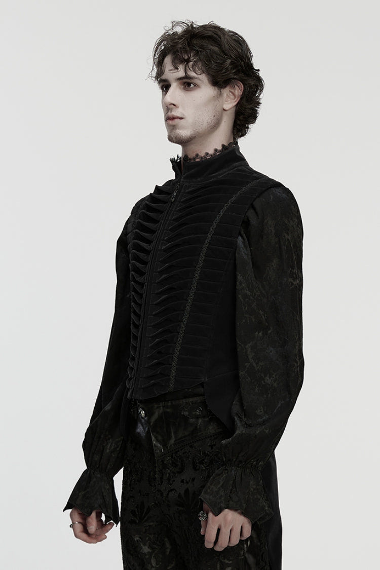 Black Stand Collar Pleated Swallow-tailed Men's Gothic Vest - Product - 2