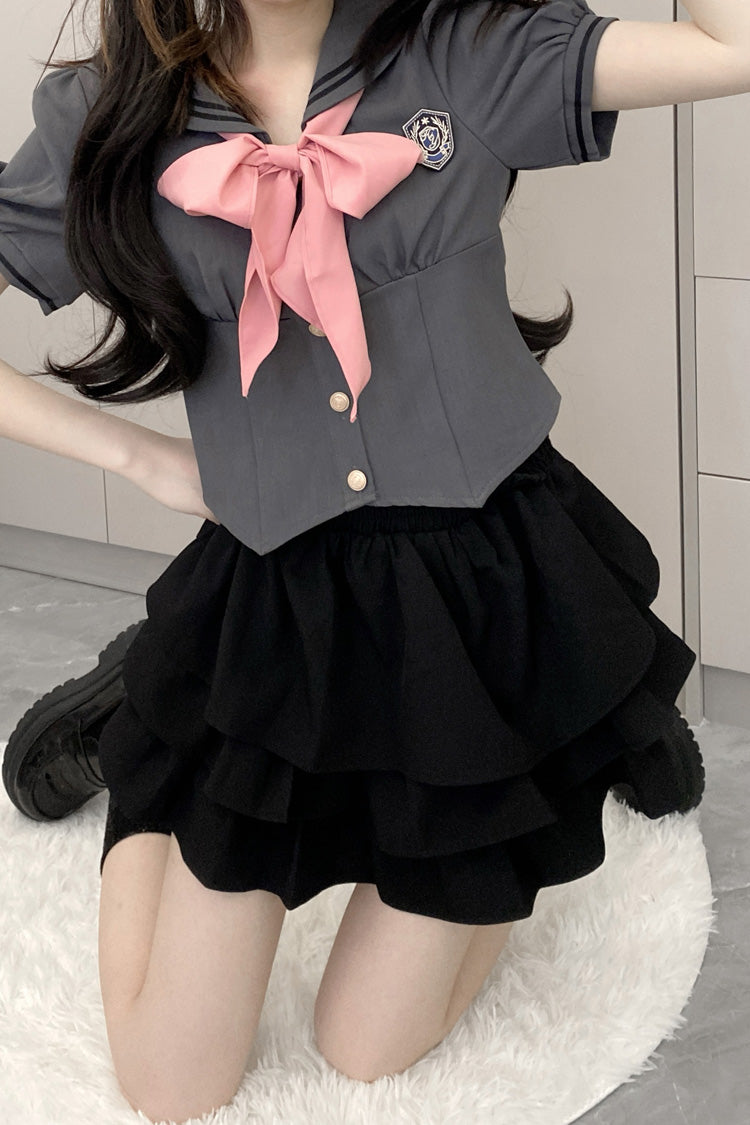 Short Sleeves Multi-layer Ruffle Bowknot Sweet College Style Japanese School Skirt Set 4 Colors - Product - 11