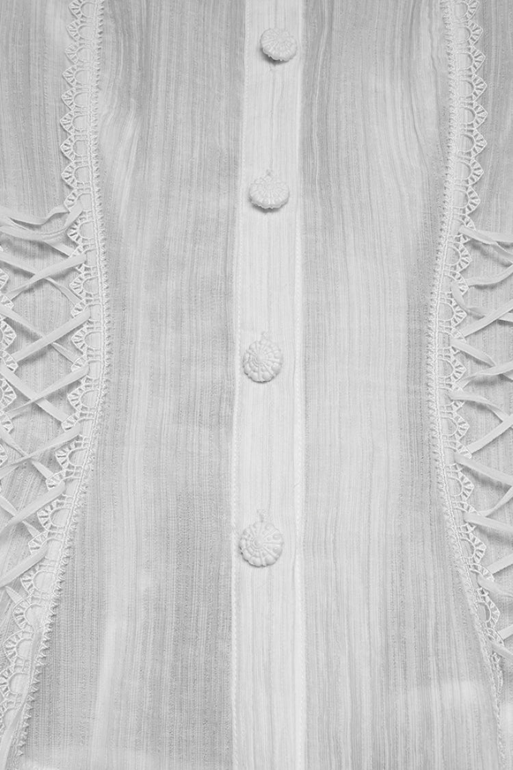 White Stand Collar Short Puff Sleeves Ruffled Lace-Up Women's Gothic Blouse - Product - 7
