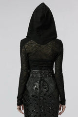 Black Hollow Stretch-Knit Stitching Detachable Hooded Stripe Buckles Womens Steampunk Jacket - Product - 3