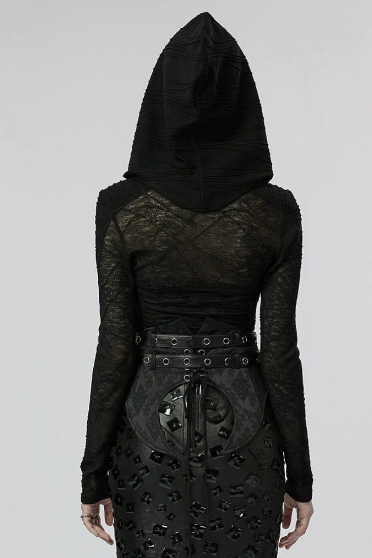 Black Hollow Stretch-Knit Stitching Detachable Hooded Stripe Buckles Womens Steampunk Jacket - Product - 3