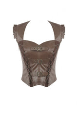 Brown Sweetheart Neckline Ruffled Flutter Sleeves Cut-Out Buckled Strap Women's Steampunk Slim Corset Vest - Product - 3