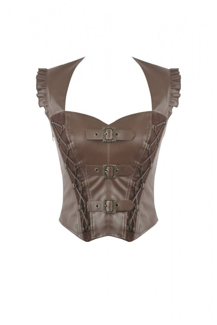 Brown Sweetheart Neckline Ruffled Flutter Sleeves Cut-Out Buckled Strap Women's Steampunk Slim Corset Vest - Product - 3