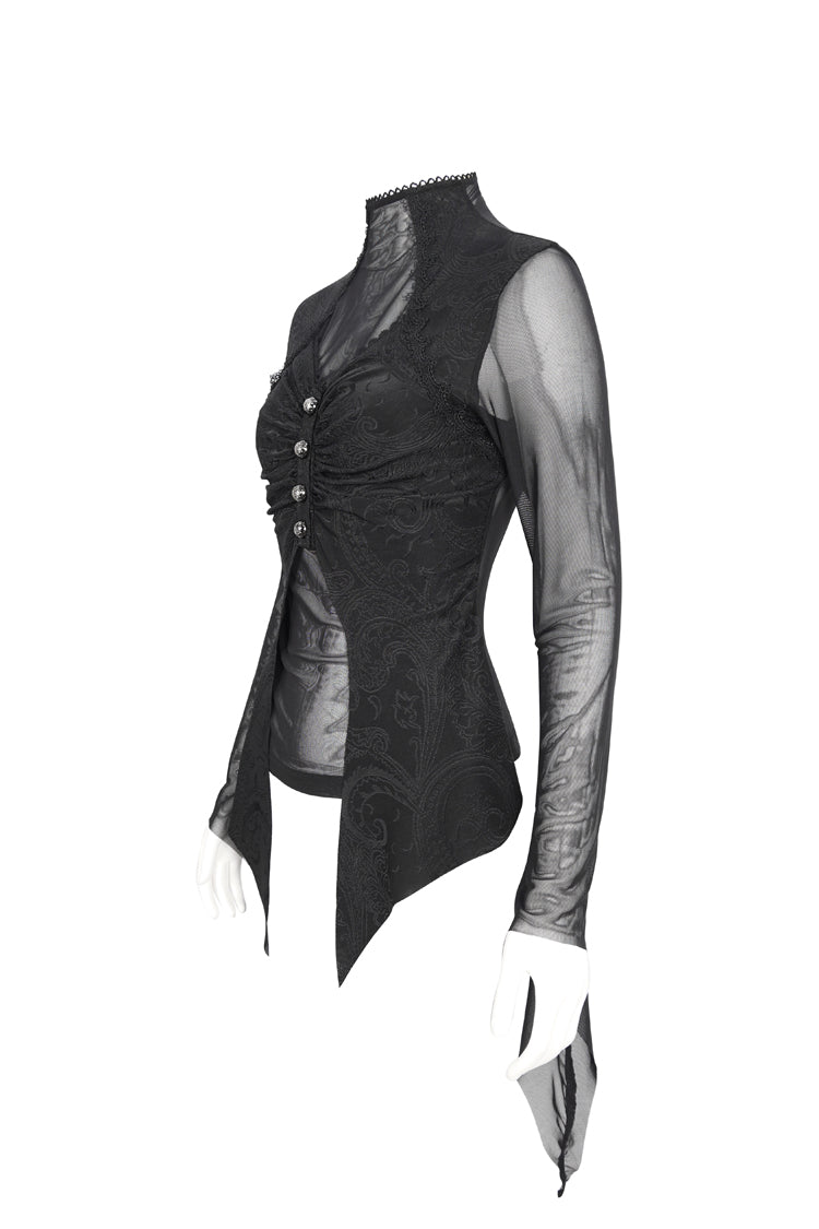 Black Jacquard Mesh Ruffled Long Sleeved Gothic Women's Shirt - Product - 6