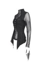 Black Jacquard Mesh Ruffled Long Sleeved Gothic Women's Shirt - Product - 6