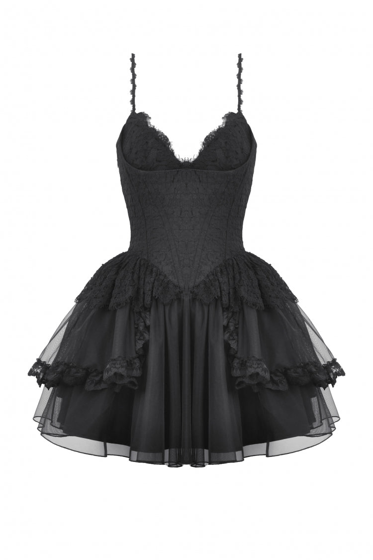 Black V Collar Sleeveless Multi-Layered Lace Trim Lace-Up Women's Gothic Party Slip Graduation Dress - Product - 3