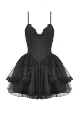Black V Collar Sleeveless Multi-Layered Lace Trim Lace-Up Women's Gothic Party Slip Graduation Dress - Product - 3
