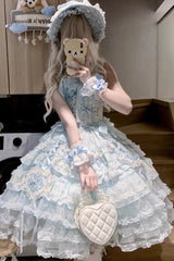 Blue [Sweetheart Diary] Multi-Layered Ruffle Hanayome Embroidery Bowknot Lace Sweet Lolita Jsk Dress - Blue - 1