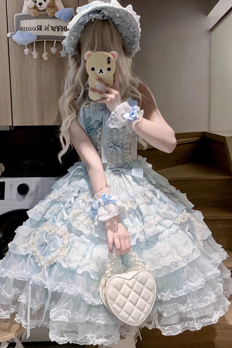 Blue [Sweetheart Diary] Multi-Layered Ruffle Hanayome Embroidery Bowknot Lace Sweet Lolita Jsk Dress - Blue - 1