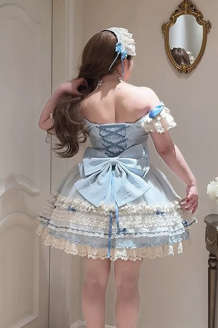 [Wind Chime Poem] Square Collar Flutter Sleeves Triple-Layered Printed Ruffled Bow Sweet Lolita Jsk Dress 4 Colors (Blue, Pink, Purple, Green) - Product - 9