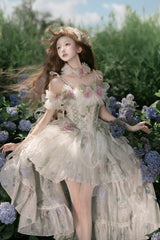 Green [Spring Rose] Sleeveless Multi-Layered Bowknot Lace-Up Fishbone Sweet Lolita Jsk Dress - Product - 18