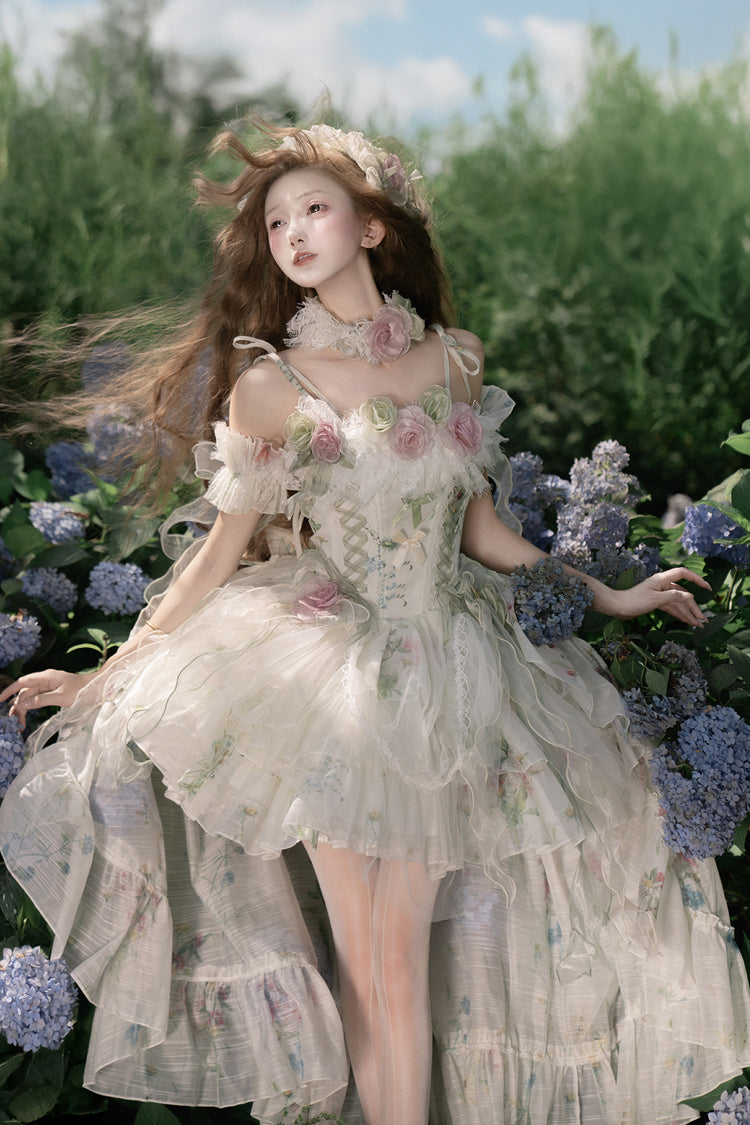 Green [Spring Rose] Sleeveless Multi-Layered Bowknot Lace-Up Fishbone Sweet Lolita Jsk Dress - Product - 18