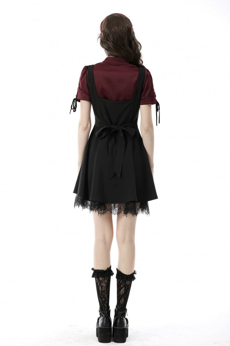 Wine Red Point Collar Short Puff Sleeves Ruffled Women's Gothic Elegant Blouse - Product - 4