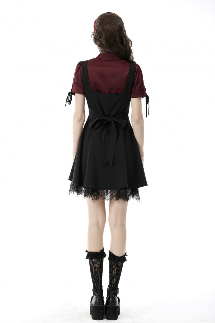 Wine Red Point Collar Short Puff Sleeves Ruffled Women's Gothic Elegant Blouse - Product - 4