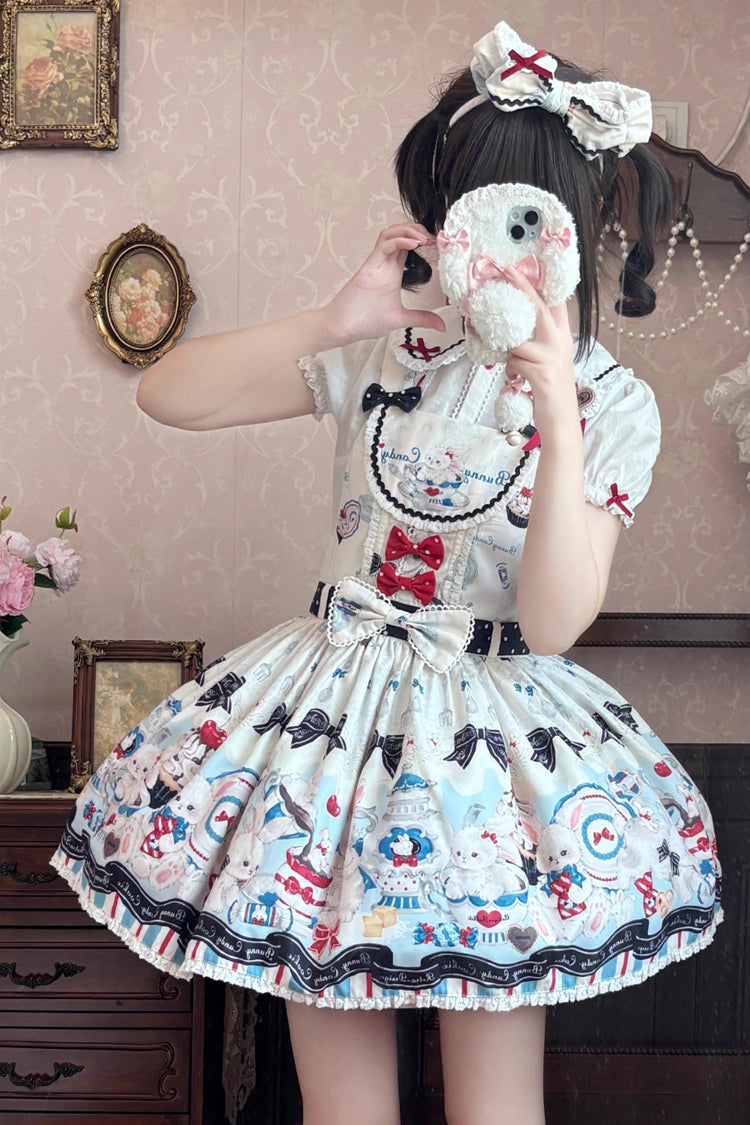 Beige [Mystery Rabbit Tea Party] Sleeveless Print Bowknot Lace Sweet Lolita Strap Dress - Product - 5