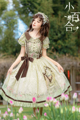 Green/Ivory [Lily] Short Sleeves Print Ruffle Embroidery Bowknot Lace Sweet Elegant Lolita Dress - Product - 7