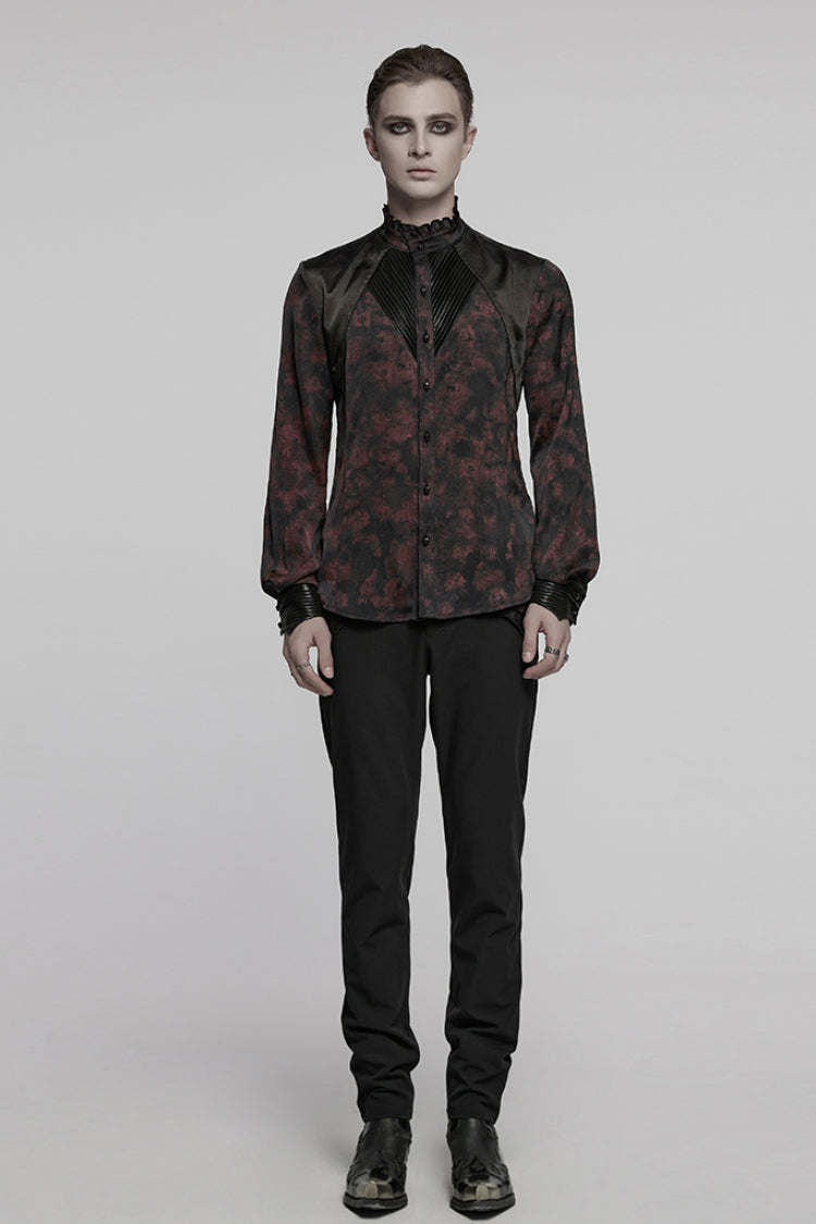 Black/Red Stand Collar Long Sleeves Ruffle Pleated Men's Gothic Blouse - Product - 4